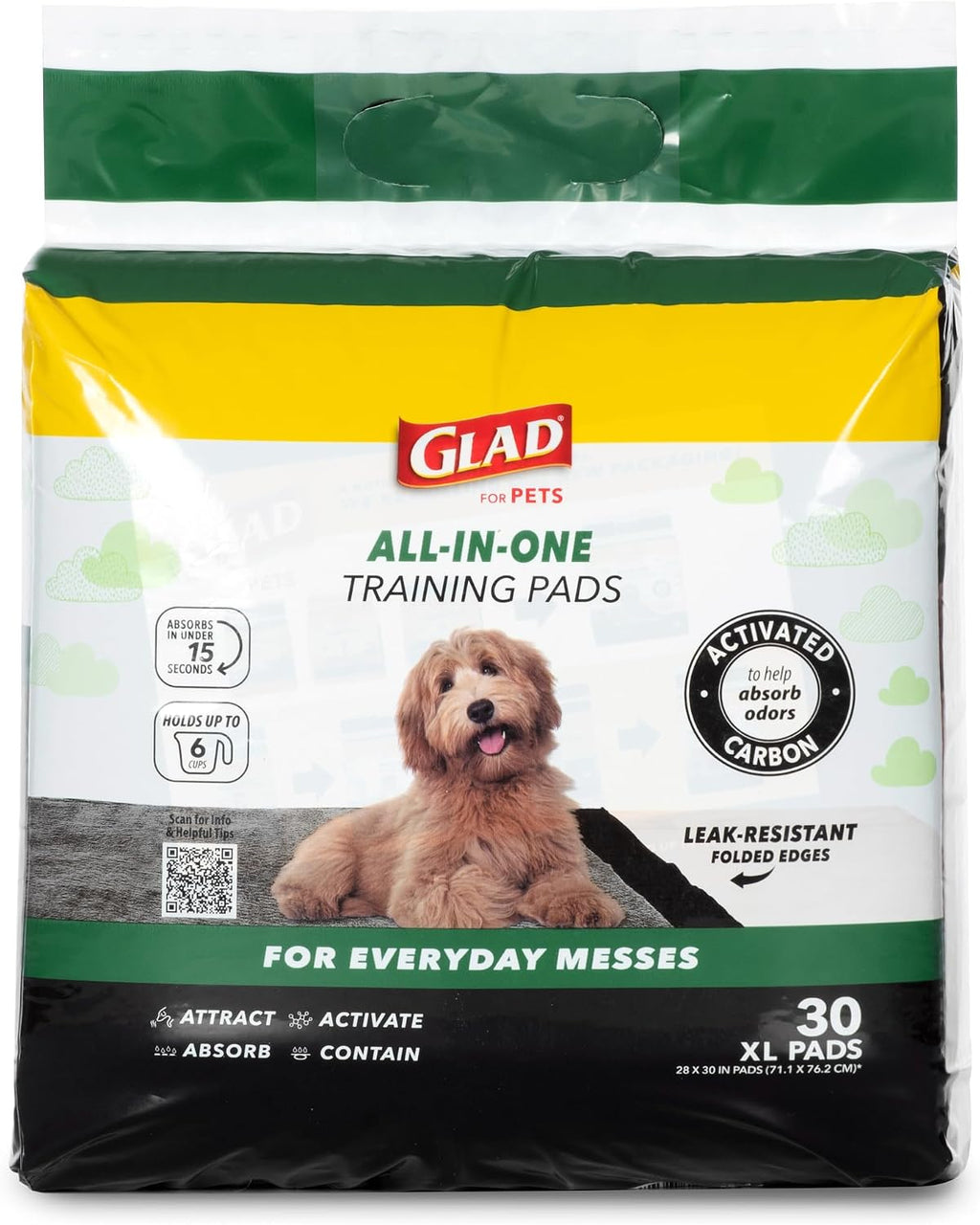 Glad for Pets XL Charcoal Training Pads for Dogs and Puppies, 30 Ct, 6-Pk | 6-layer, activated-carbon pads with pheromone attractant, leak-proof, extra-large 28 x 30 in coverage