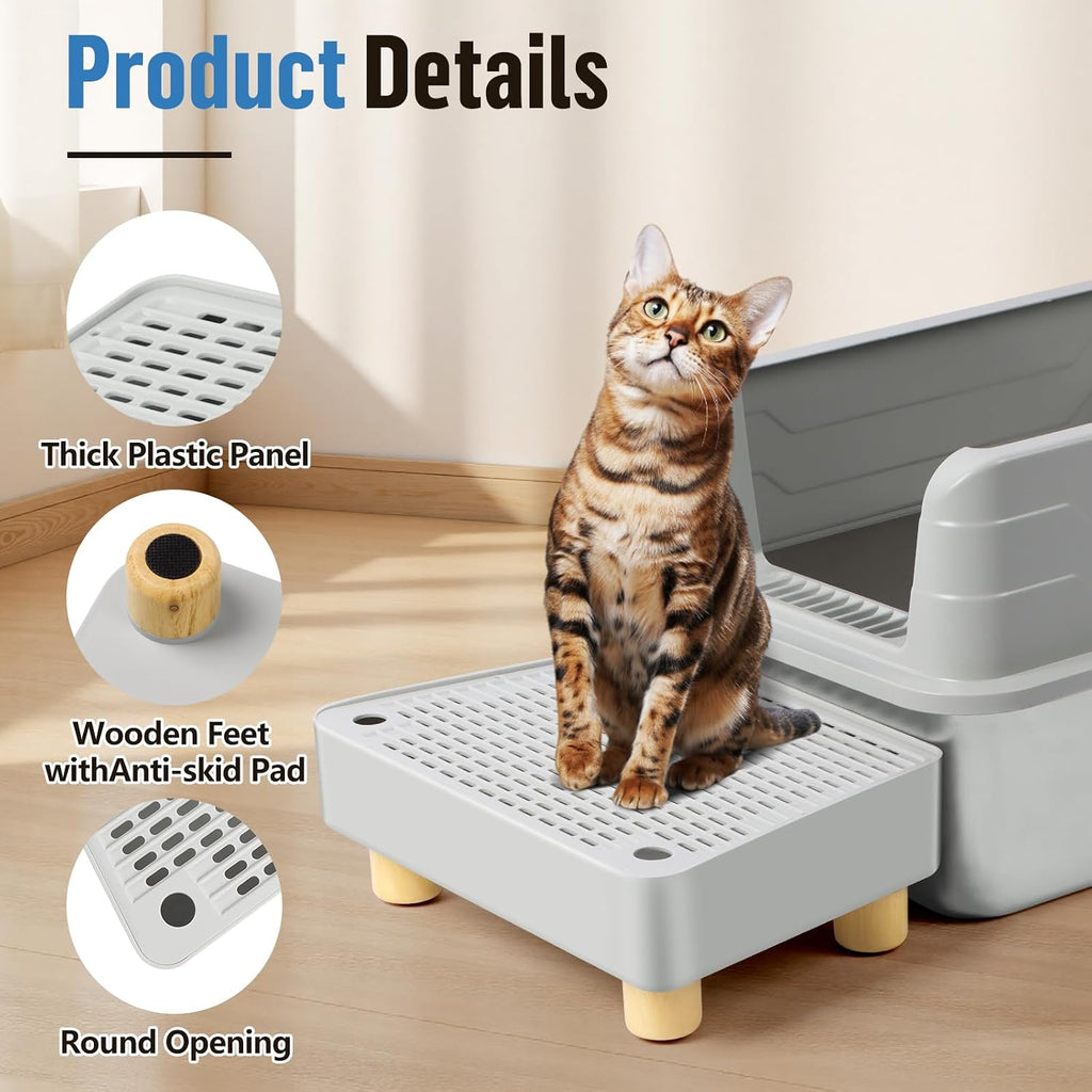Extra Large Cat Litter Box Step Ramp, Cat's Litter Catcher Mat with Wooden Feet, Filter Function, Pedal Stool for Self-Cleaning Cat Litter Box, Ideal for Kitten & Elderly Cats (Light Grey)