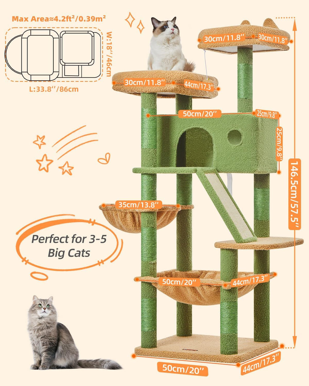 Taoqimiao Cactus Cat Tree, 58In Cat Tower for Indoor Cats Large Adult