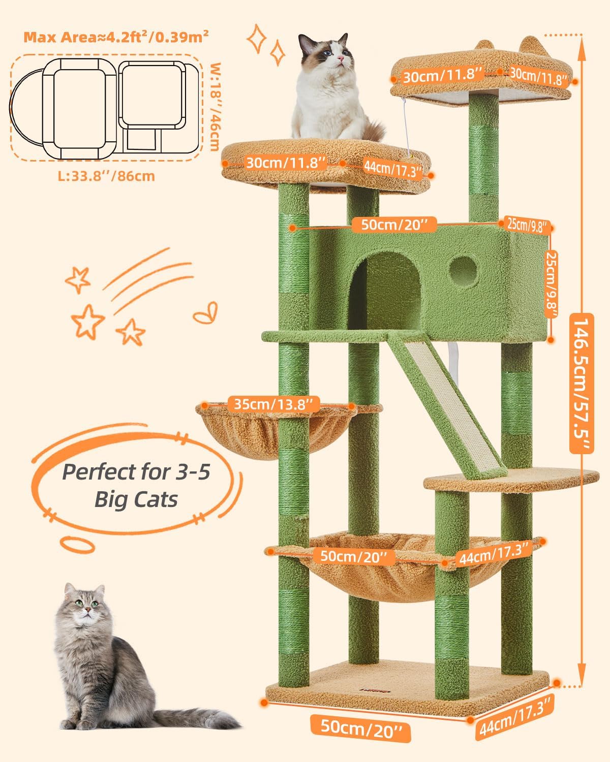 Taoqimiao Cactus Cat Tree, 58In Cat Tower for Indoor Cats Large Adult