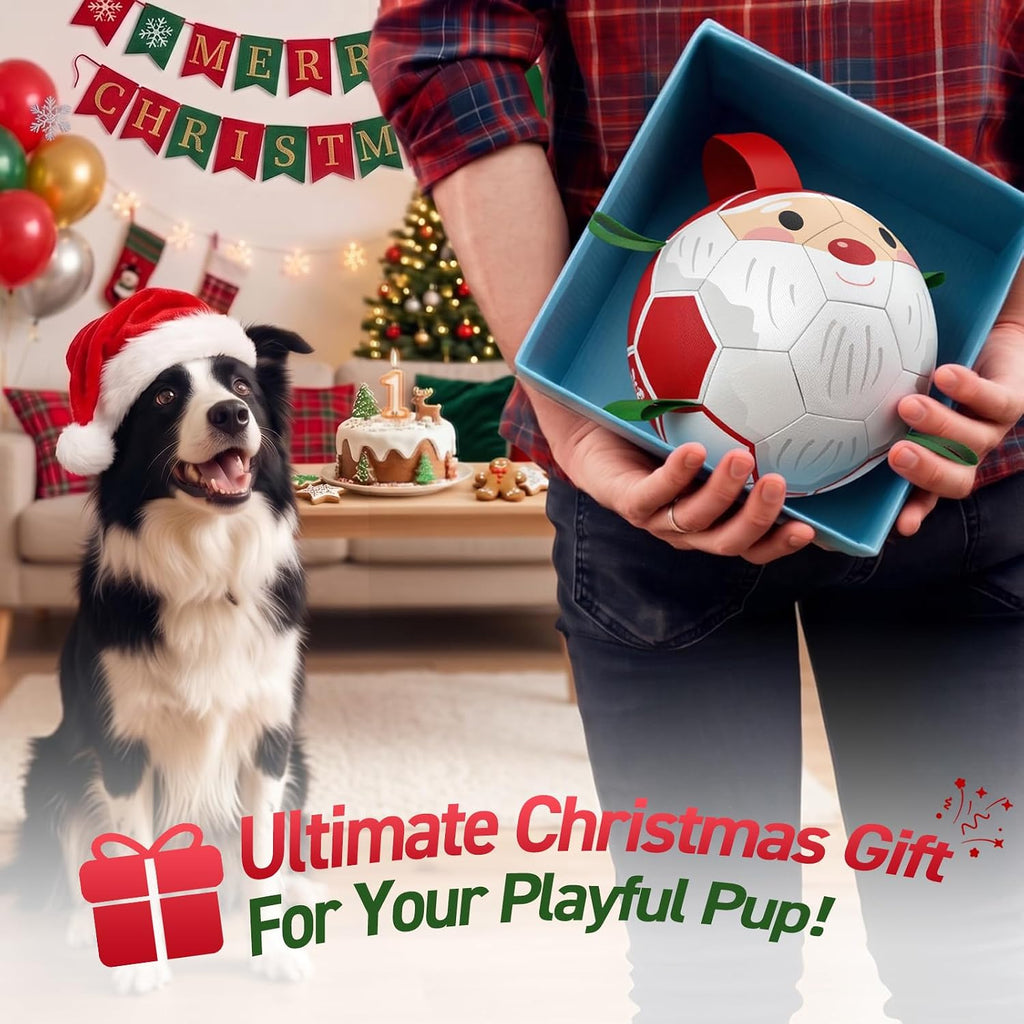QDAN Christmas Dog Balls with Straps, Soccer Ball for Dogs for Small Medium Breed, Tug Toys for Dog Birthday, 6 Inch Outdoor Dog Toys for Fun