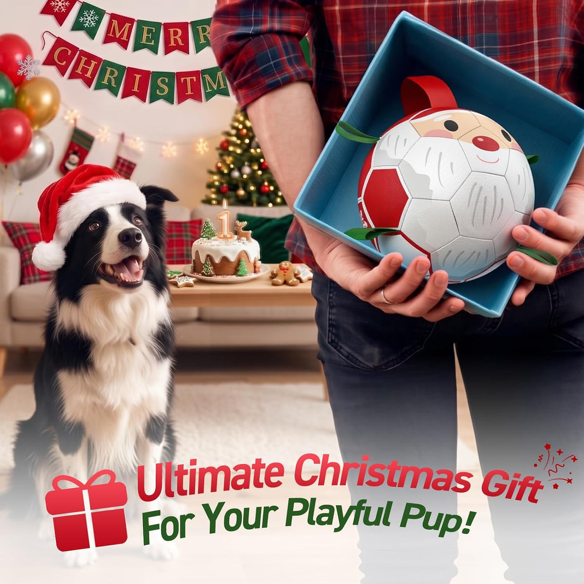 QDAN Christmas Dog Balls with Straps, Soccer Ball for Dogs for Small Medium Breed, Tug Toys for Dog Birthday, 6 Inch Outdoor Dog Toys for Fun