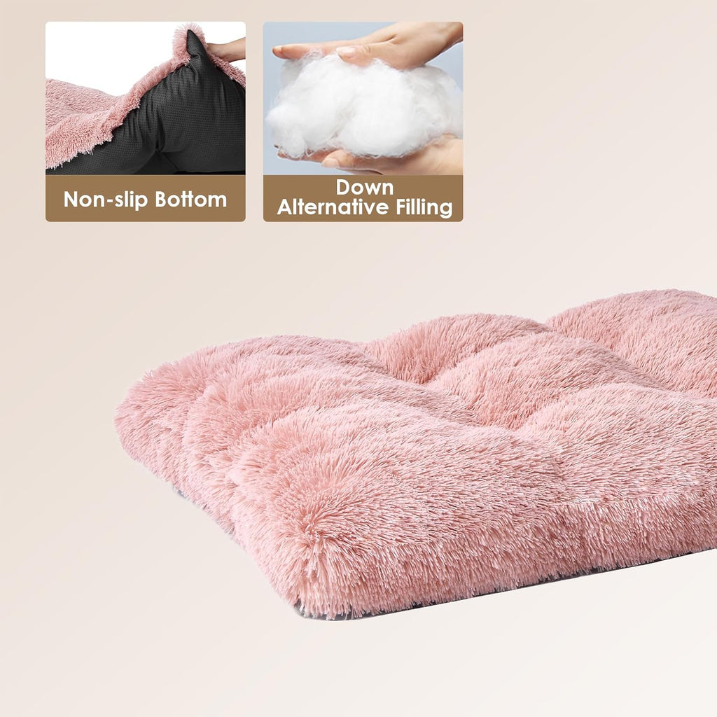 EHEYCIGA Fluffy Dog Crate Bed for Large Dogs, Plush Faux Fur Pad, Pink