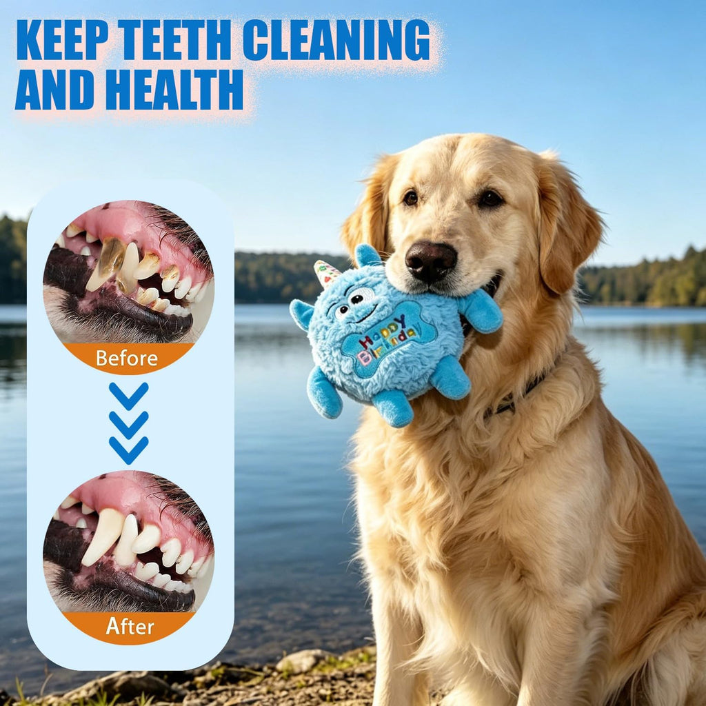 Monster Dog Birthday Toy for Gifts, Stuffed Dog Plush Toy, Blue | Crinkle Squeaky, Soft Lightweight Toy for Fetch and Chew, Interactive Outdoor Indoor Play for Tug, For Puppy Small Medium Dog
