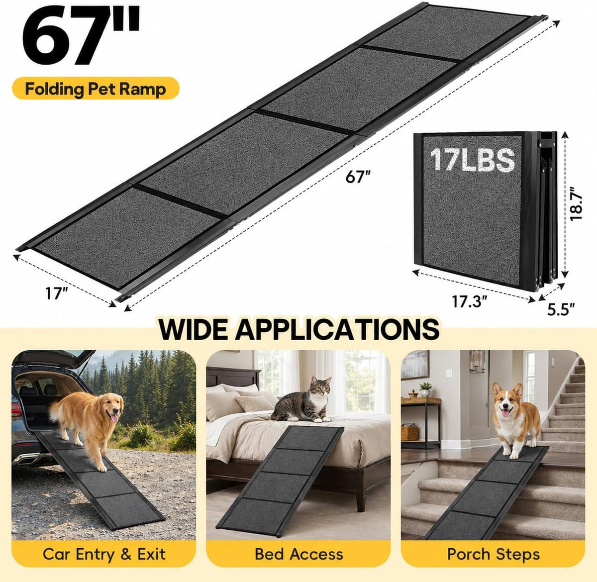 Dog Ramp for Large Dogs, 67" L x 17" W Lightweight Foldable Pet Ramp