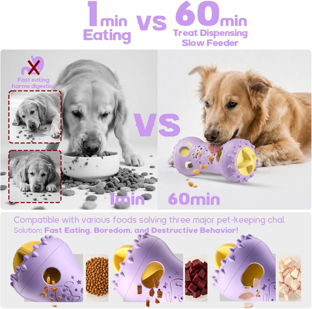 Interactive Dog Toys,Adjustable Treat Dispensing Toy to Keep Them Busy | Dog Enrichment for Brain Stimulation & Cognitive for Puppy Puzzle to Reduce Boredom-Ideal Gift for All Dogs(Nylon)-Lavender