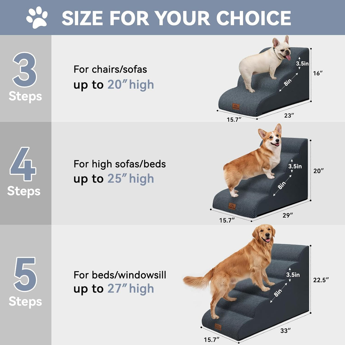 Zerbuger Dog Ramp and Stair for Bed 16" H-22 H,3-Step Cat Stair for Sofa