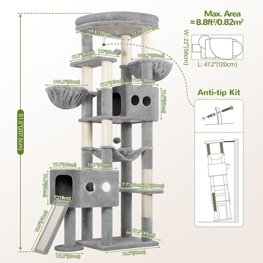 Globlazer 81in Tall Cat Tower for Large Adult Cat, S81G Pro Max, Light Grey