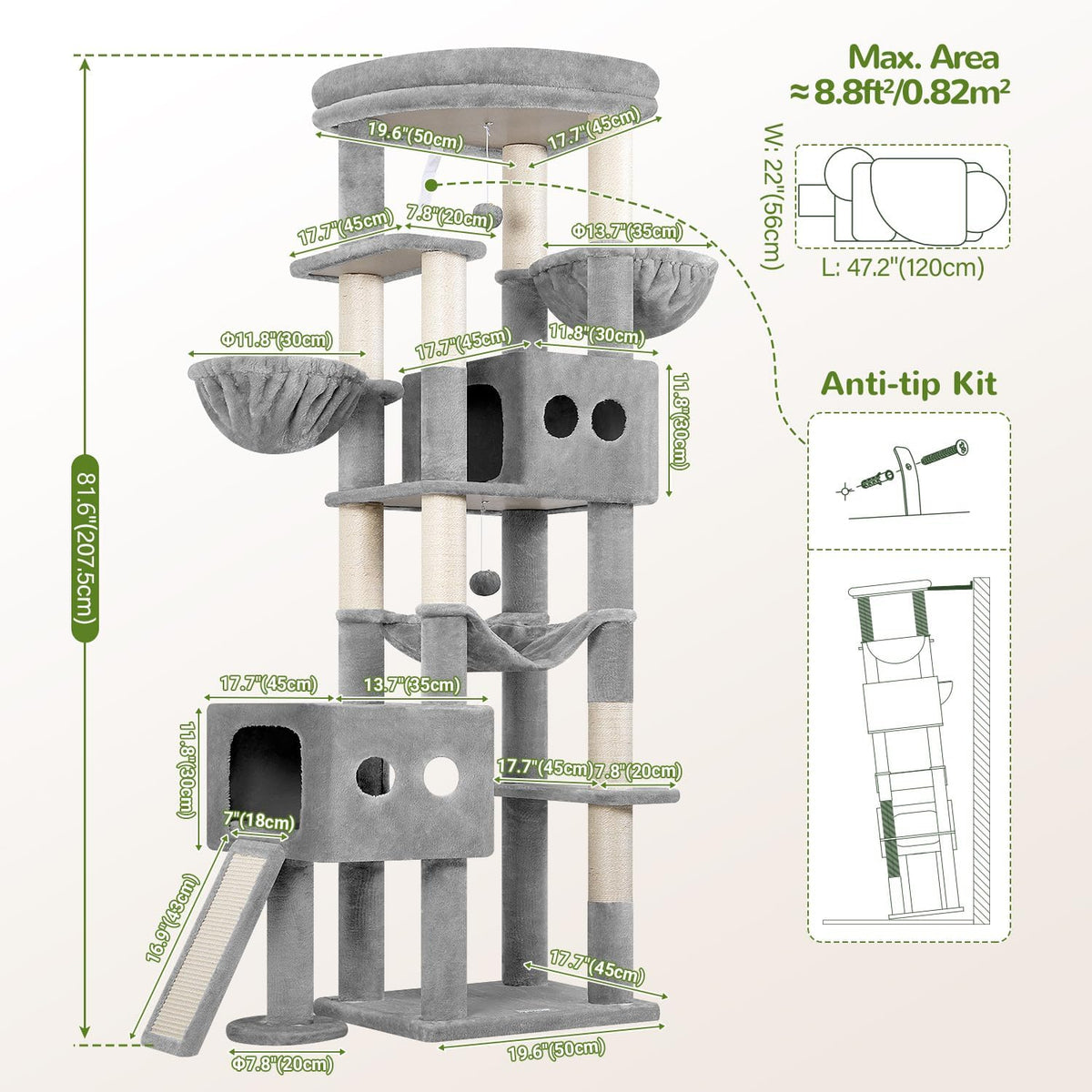 Globlazer 81in Tall Cat Tower for Large Adult Cat, S81G Pro Max, Light Grey