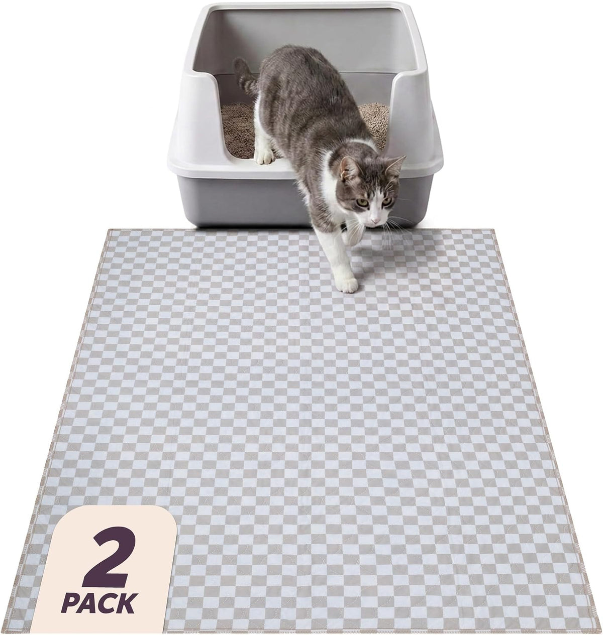 Lovewag Cat Litter Mat, Litter Box Mat, Taupe Checkers, 36x48, 2 Pack | Washable litter mat cover, kitty litter mat & cat mat for litter box, litter trapping mat, prevents tracking, multi-cat