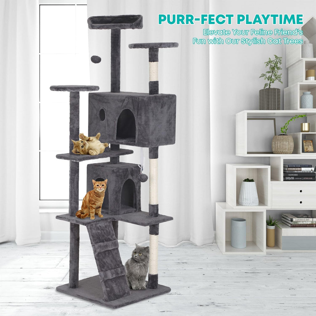 FDW | 70" Cat Tree Tower | Light Gray | Multi-Level Indoor Activity Center with Sisal Scratching Posts, Condos, Plush Perches, Hanging Cat Toys | Sturdy, Easy to Assemble | for Kittens & Adult Cats