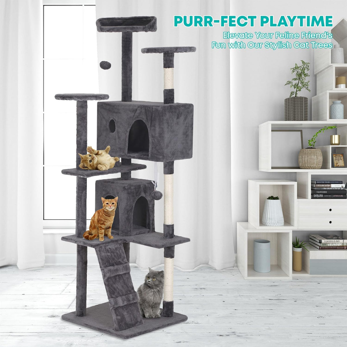 FDW | 70" Cat Tree Tower | Light Gray | Multi-Level Indoor Activity Center with Sisal Scratching Posts, Condos, Plush Perches, Hanging Cat Toys | Sturdy, Easy to Assemble | for Kittens & Adult Cats