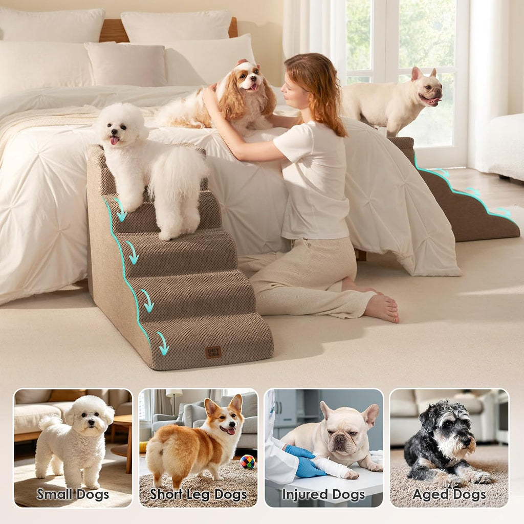 EHEYCIGA 5-Step Curved Dog Stairs for High Beds 20.7" H, Camel