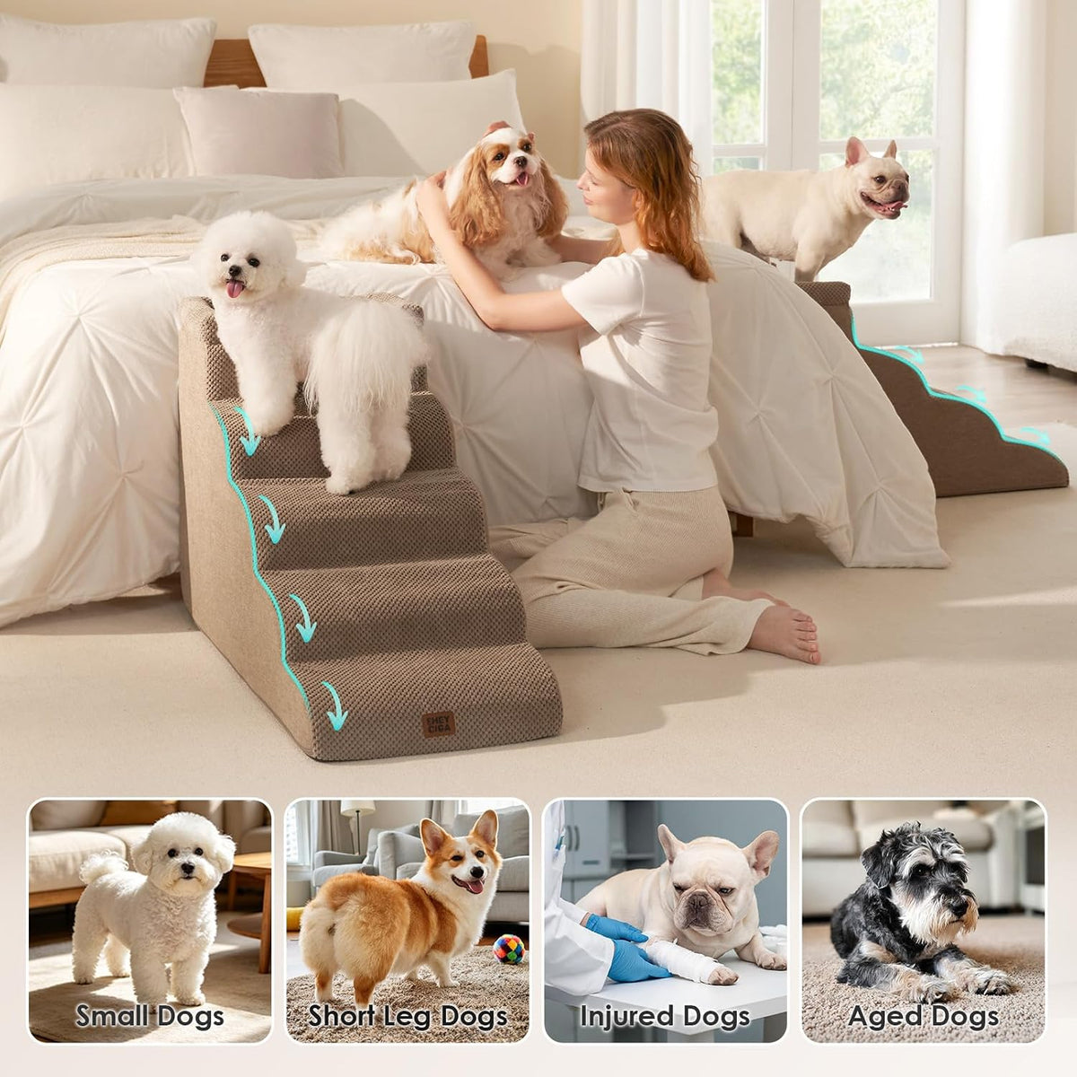 EHEYCIGA 5-Step Curved Dog Stairs for High Beds 20.7" H, Camel