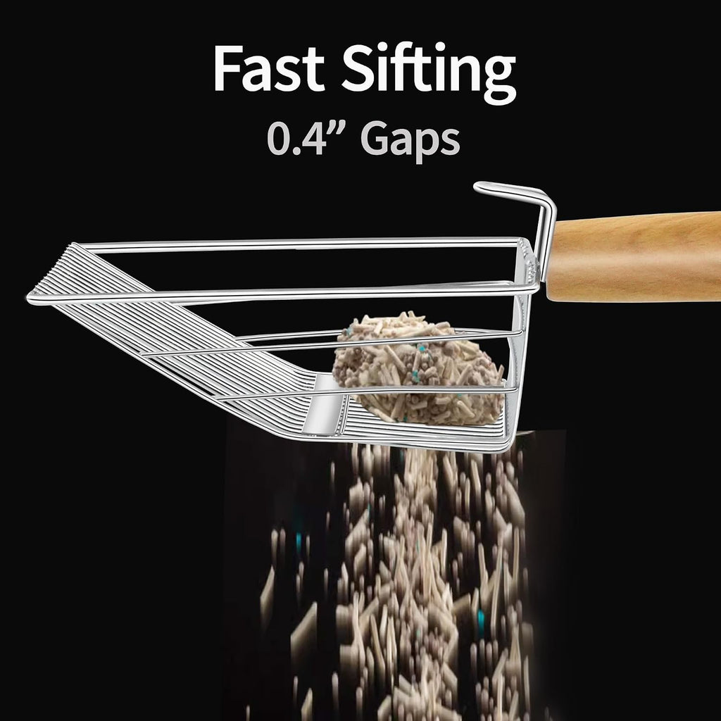 UFECODO Fast Sifting Cat Litter Scoop with Holder Stand, 2 Widths of Slots Stainless Steel Poop Scooper with Ergonomic Wood Handle, Heavy Duty and Easy Clean