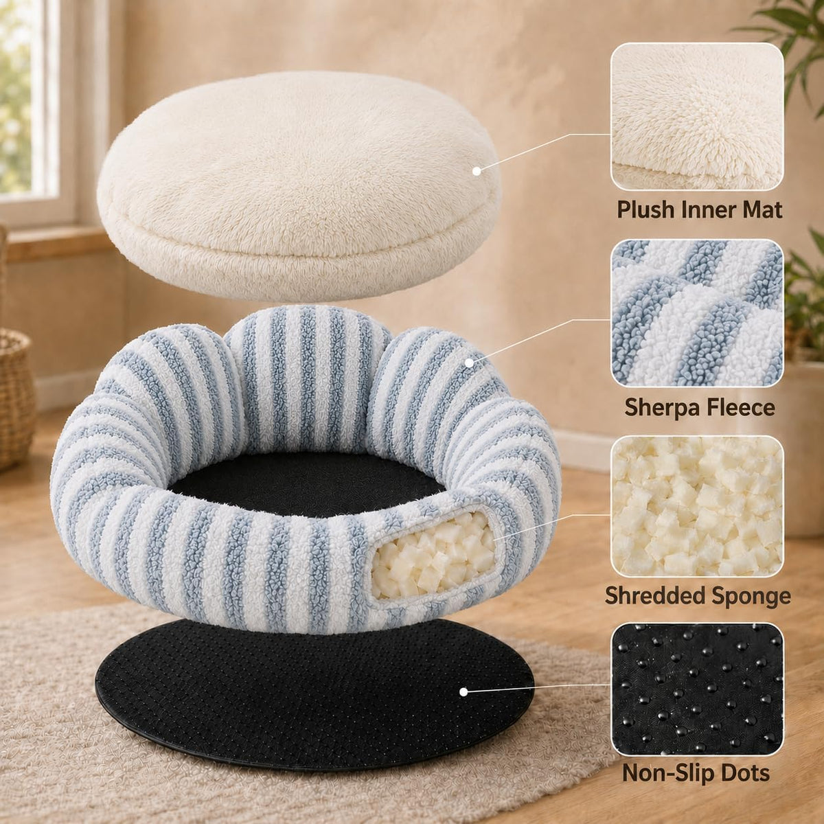 Small Dog Bed, Flower-Shaped Calming Cat Bed, 27 in, Light Blue