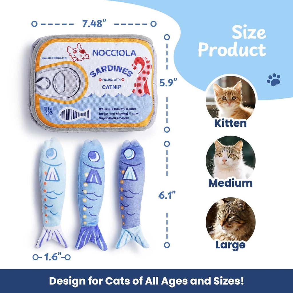 Nocciola Sardines Catnip Toys for Indoor Cats - 3 Pack Cat Toys Fish with Pouch, Cat Nip Toys Cat Kicker Toy with Crinkle Paper, Interactive Cat Toy for Kitten Enrichment, Cat Gifts