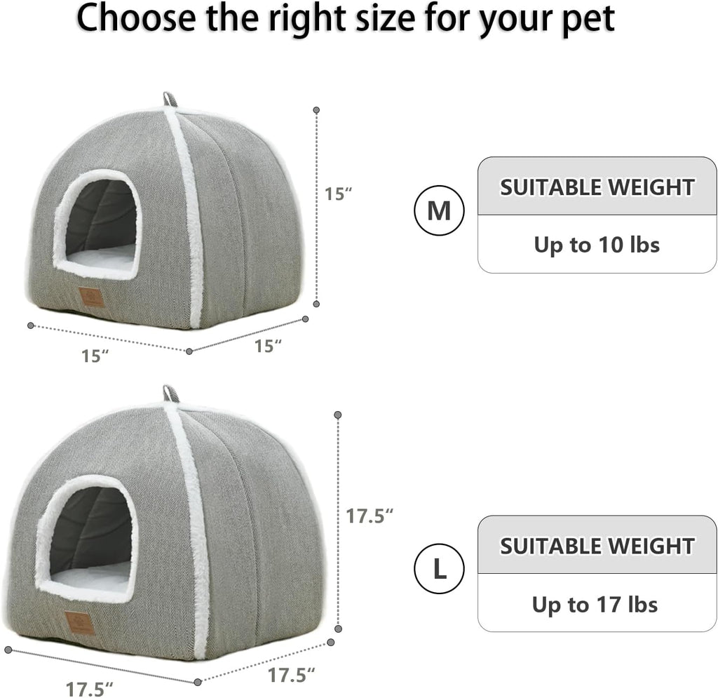 Cat Beds for Indoor Cats-Cat Bed Cave House Tent for Kittens and Small Pets with Washable Cushioned,Soft and Warm Indoor House, Grey, 15 inches