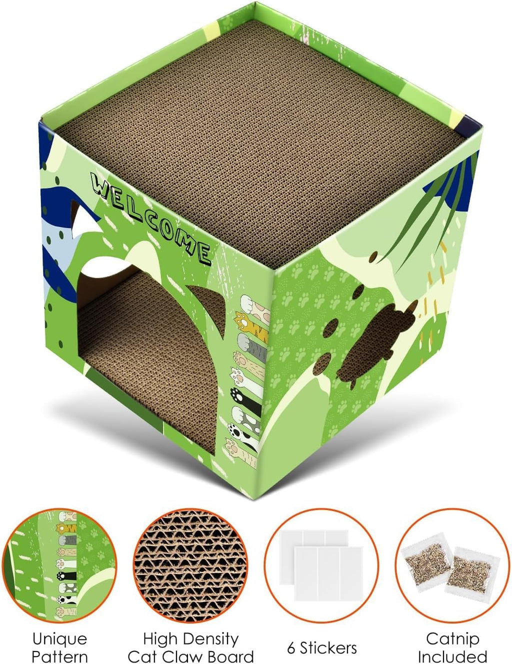 Bissap Cat Cardboard House, Large Thickened Play House with 2 Story Scratch Pads Bed Scratching Lounge for Indoor Cats Kittens Breathable Cube Shelter Corrugated Scratcher Box Toy