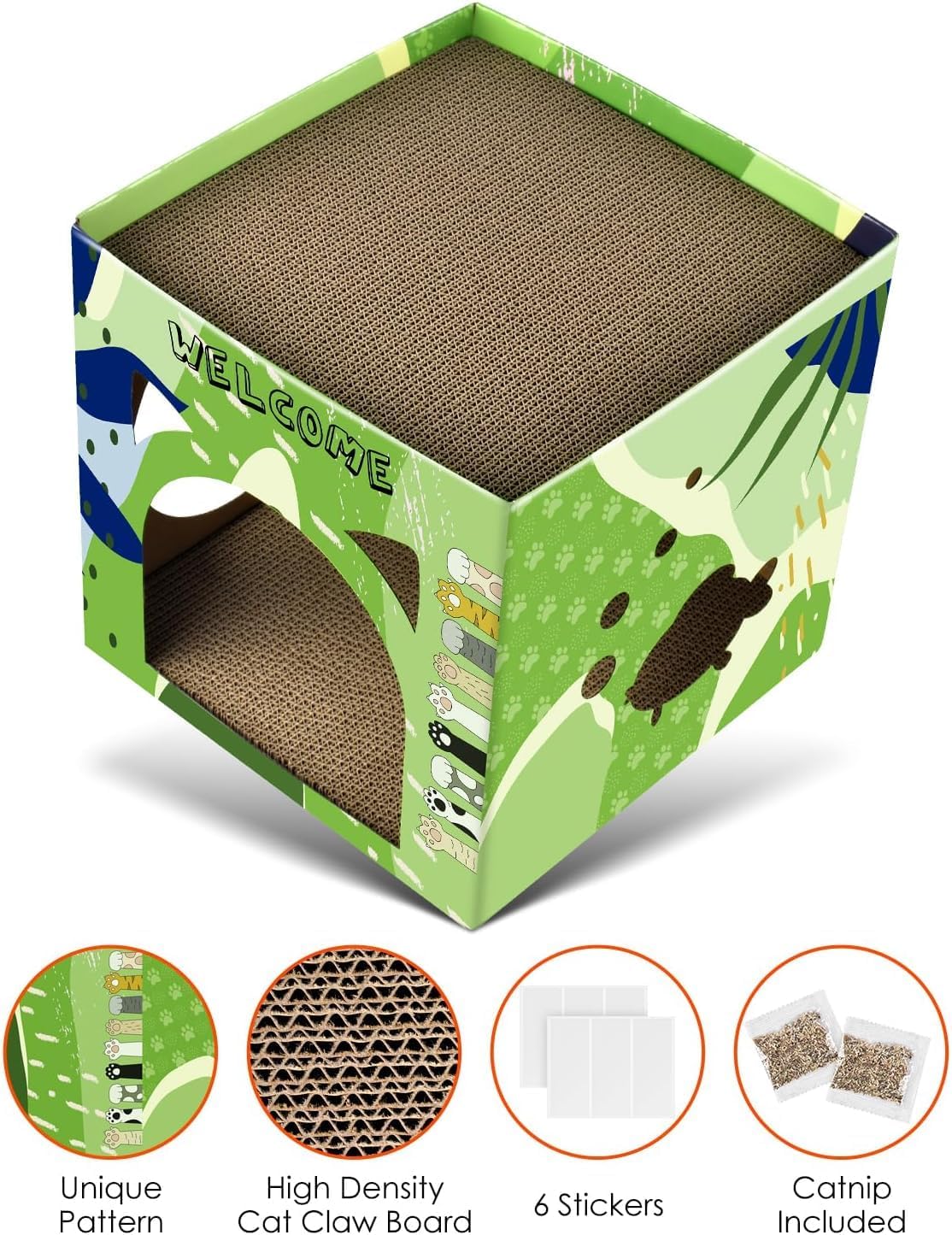 Bissap Cat Cardboard House, Large Thickened Play House with 2 Story Scratch Pads Bed Scratching Lounge for Indoor Cats Kittens Breathable Cube Shelter Corrugated Scratcher Box Toy