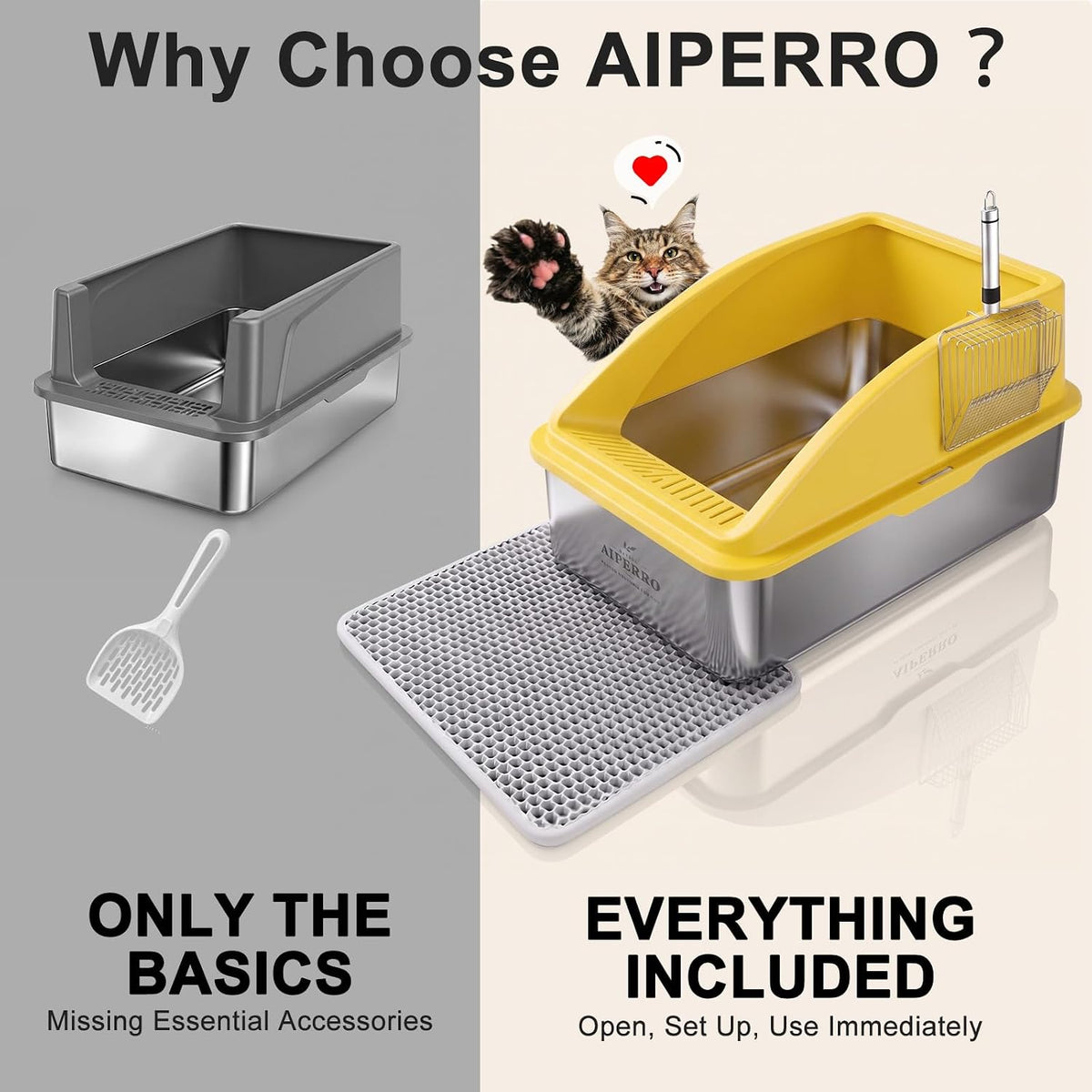 AIPERRO Stainless Steel Litter Box | XL Metal Cat Litter Boxes with Lid | Enclosed High Sided for Big Cats | Anti-Urine Leakage | Non-Stick & Easy to Clean with Litter Mat & Metal Scoop (Yellow)