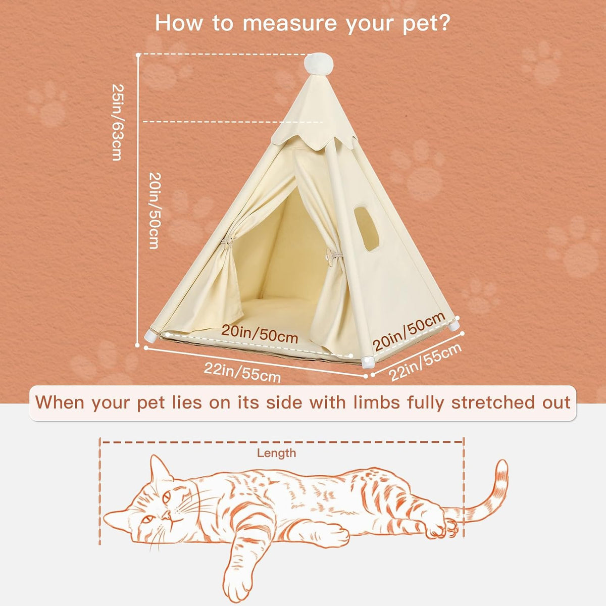 Standard Cat & Mini Dog Teepee Tent House Int 20x20x20in/Ext 22x22x25in