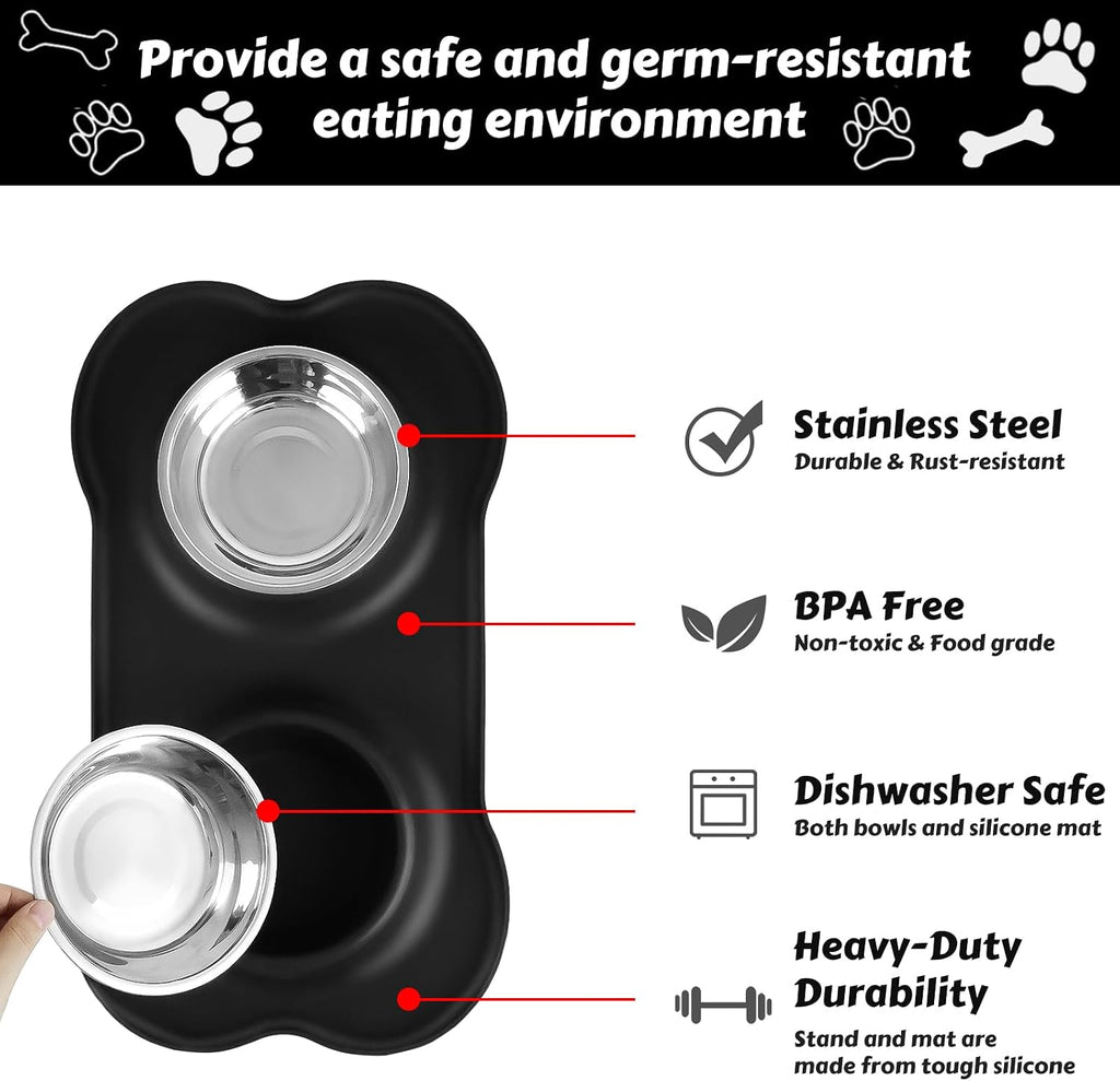 AsFrost Dog Food Bowls Stainless Steel Pet Bowls & Dog Water Bowls No Spill Non Skid, Feeding Bowls with Dog Bowls Silicone Mat for Small Medium Large Size Dogs, Cat Pet Dog Dishes Set, Black, 3 Cup 