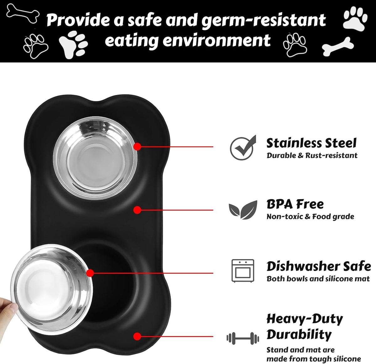 AsFrost Dog Food Bowls Stainless Steel Pet Bowls & Dog Water Bowls No Spill Non Skid, Feeding Bowls with Dog Bowls Silicone Mat for Small Medium Large Size Dogs, Cat Pet Dog Dishes Set, Black, 3 Cup 