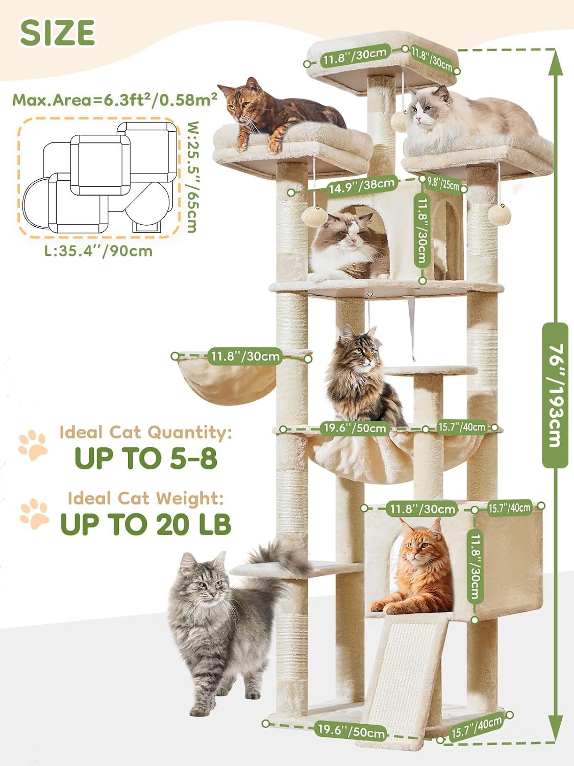 Taoqimiao Tall Cat Tree, 76In XL Cat Tower for Large Cats, 3 Padded Perches