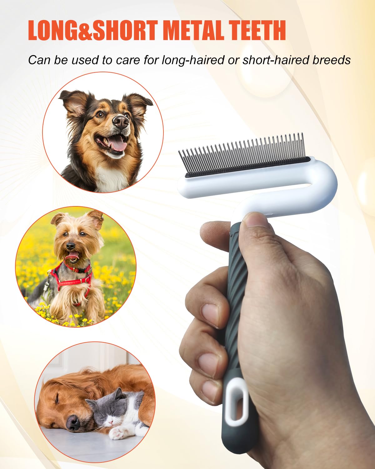 2 PCS Pet Comb with Long & Short Stainless Steel Teeth,Flea and Tick Comb for Dogs & Cats,Pet Grooming Brush for Short&Long Hair,2 different shapes with Rubber Handle