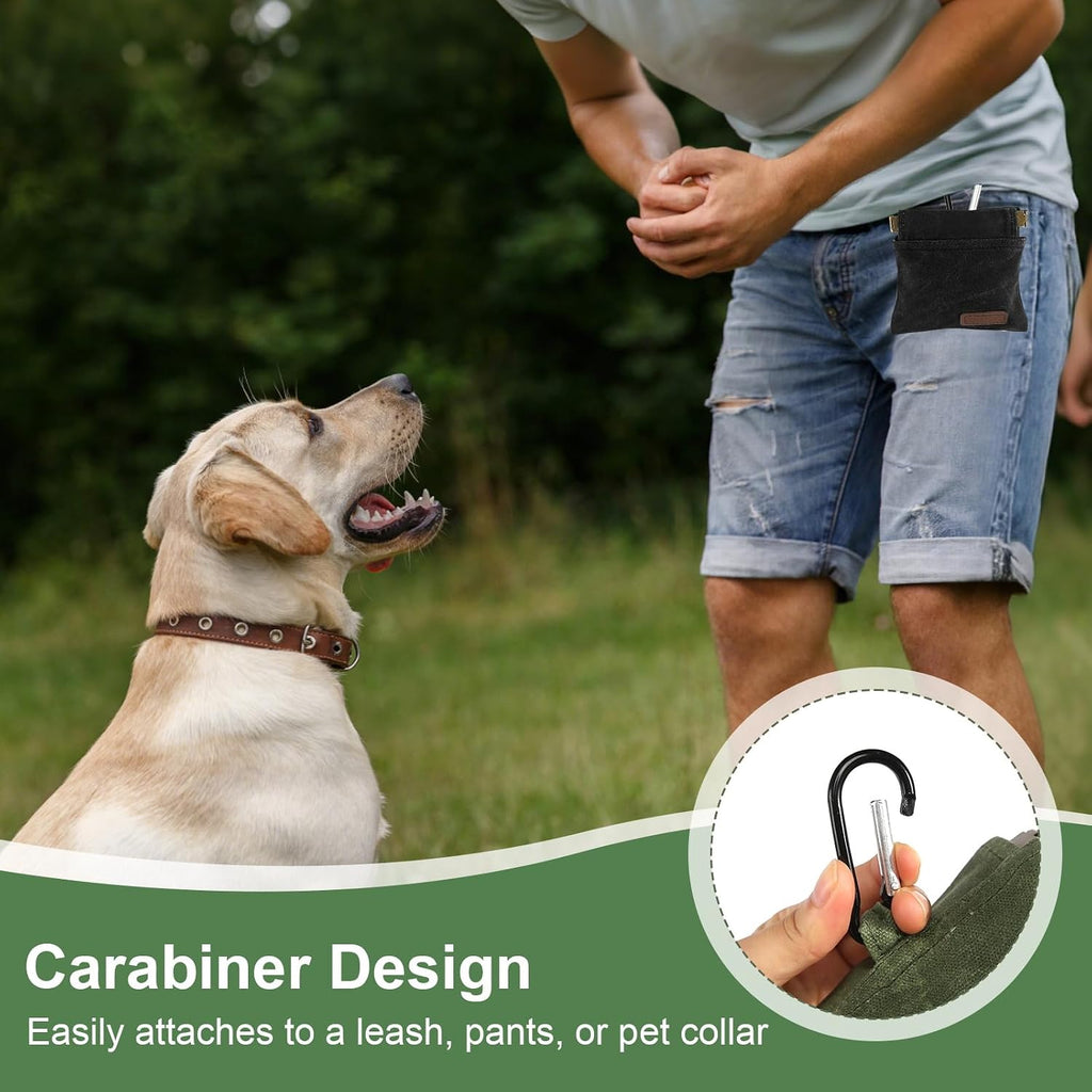 2Pcs Dog Treat Pouch, Dog Treat Pouches for Pet Training, Portable Auto Closing Dog Walking Bag with Carabiner for Puppy Travel or Outdoor Use Black Green