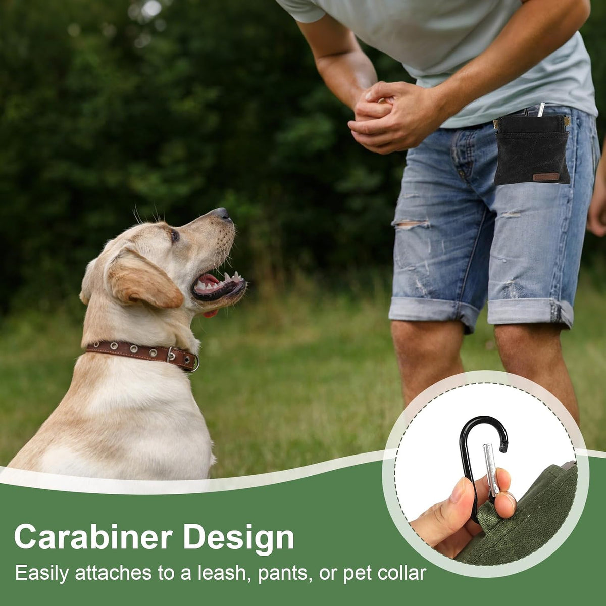 2Pcs Dog Treat Pouch, Dog Treat Pouches for Pet Training, Portable Auto Closing Dog Walking Bag with Carabiner for Puppy Travel or Outdoor Use Black Green