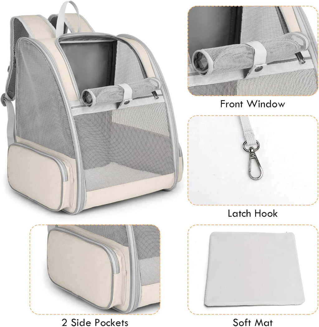 Cat Backpack Carrier, Small Dog Carrier Backpack with Fully Ventilated Mesh, Kitten Wand Feather Toy & Safety Leash, Collapsible Travel Hiking Pet Carrier for Small Dogs Cat Puppy Kitten Bunny (Beige)