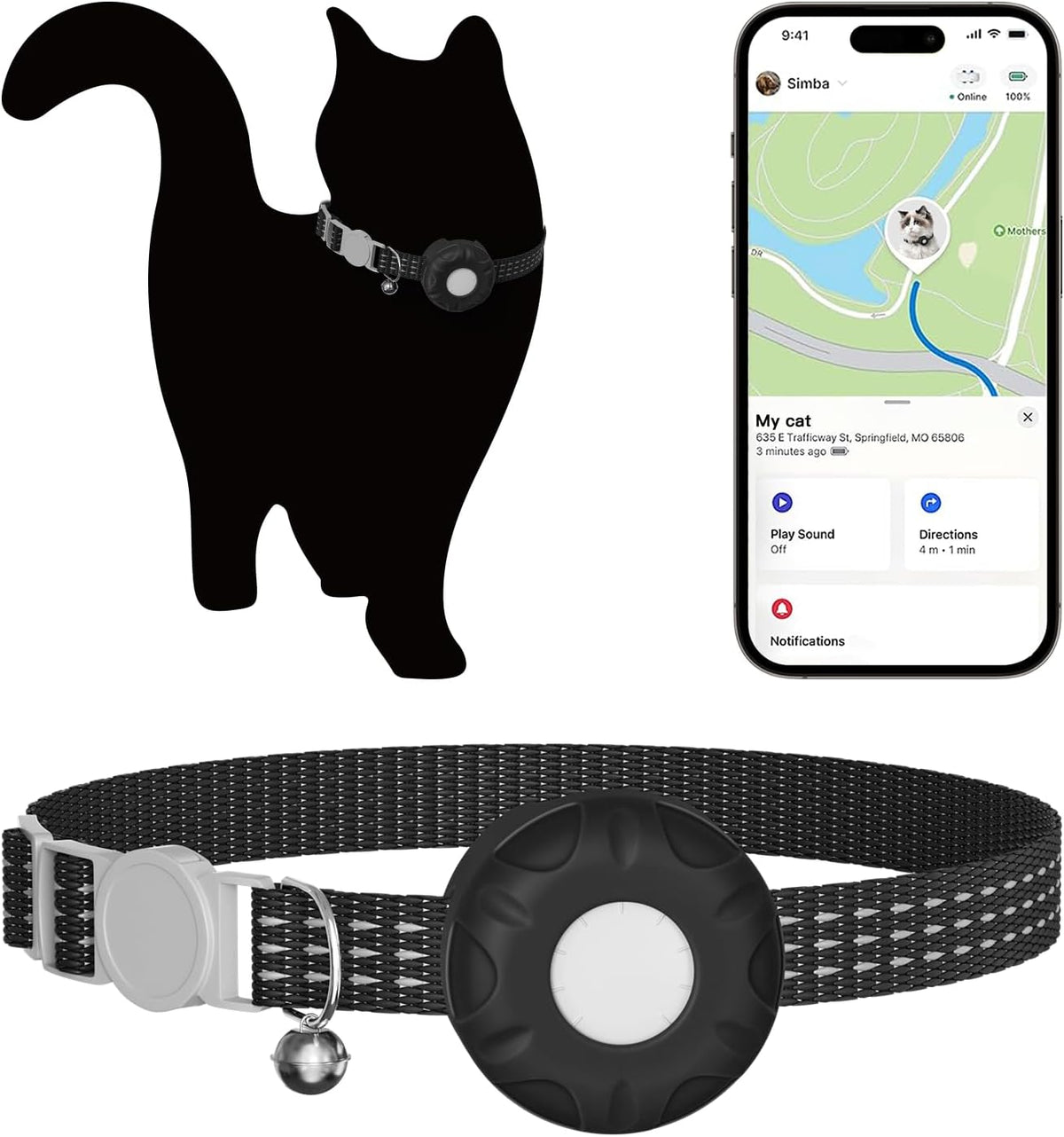 Cat Tracker, Real Time GPS Tracker Compatible with Apple Find My App(Only iOS), Waterproof Cat Tracker Collar with Bell and Safety Elastic Buckle, No Monthly Fee Pet Trackers for Pets, Kids (Black)