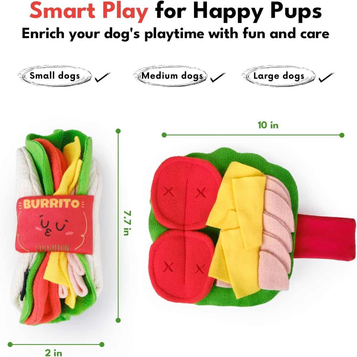 CHEWFFON Interactive Snuffle Dog Toy, Enrichment Treat Hiding Puzzle | Burrito Design, Multi-Layer Snuffle Folds, Nose Work Game for Boredom and Stimulating, for Small & Medium Dogs