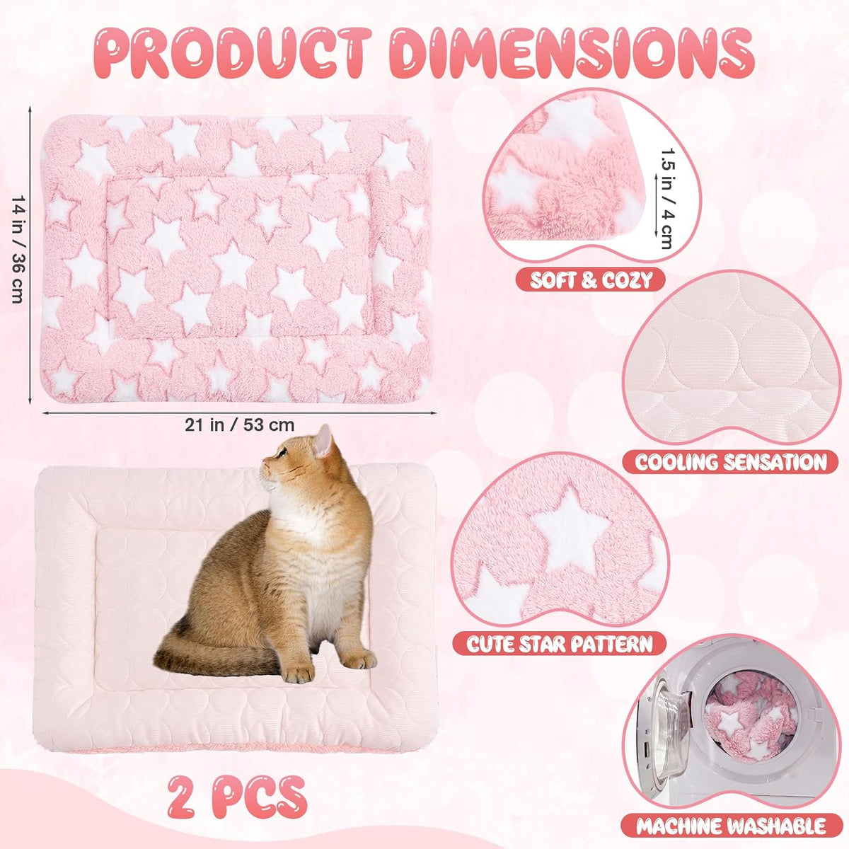 VitalCozy 2 Pcs 14" X 21" Self Warming Cat Pet Mat, Star, Pink