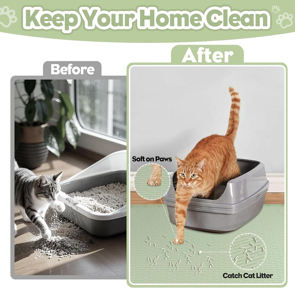 Silicone Cat Litter Mat for Litter Box 34”x22” Large Cat Mat, Green | Waterproof, Non-Slip, Leak-Proof Rug Mat with Lip, Easy to Clean, Extra Large Litter Catcher Mat for Floor