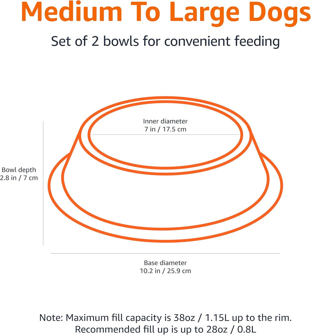 Amazon Basics Stainless Steel Non-Skid Dog Water And Food Bowls, Dishwasher Safe, Rust Resistant, 38oz Capacity, 10 x 2.8 Inches, 2-Pack 