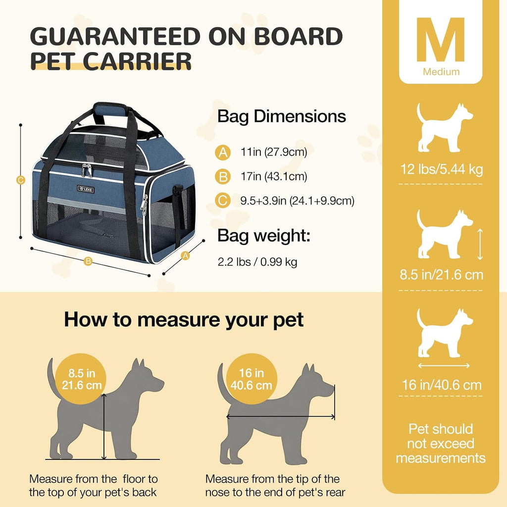 Lekereise Top-Expandable Pet Carrier 17x11x9.5 Inch Alaska Hawaiian Airline Approved Soft Sided Underseat to 12lbs Travel Carriers for Small Dogs and Cats with Locking Safety Zippers Anti-Scratch Mesh