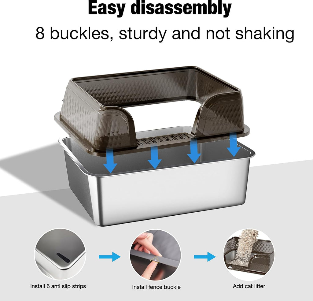 Suhaco XXL Stainless Steel Litter Box with High Sided Deep Side Entry Deep Extra Large Metal Litter Box Included Mat & Scoop Anti-Urine Leakage Cat Litter Boxes for Big Cats (Black)