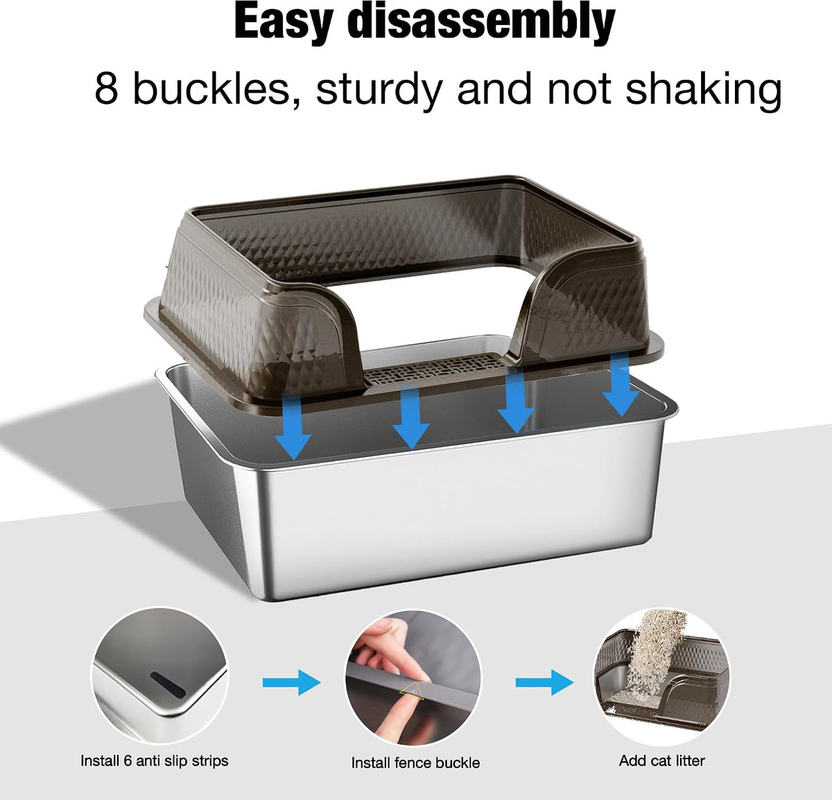 Suhaco XXL Stainless Steel Litter Box with High Sided Deep Side Entry Deep Extra Large Metal Litter Box Included Mat & Scoop Anti-Urine Leakage Cat Litter Boxes for Big Cats (Black)