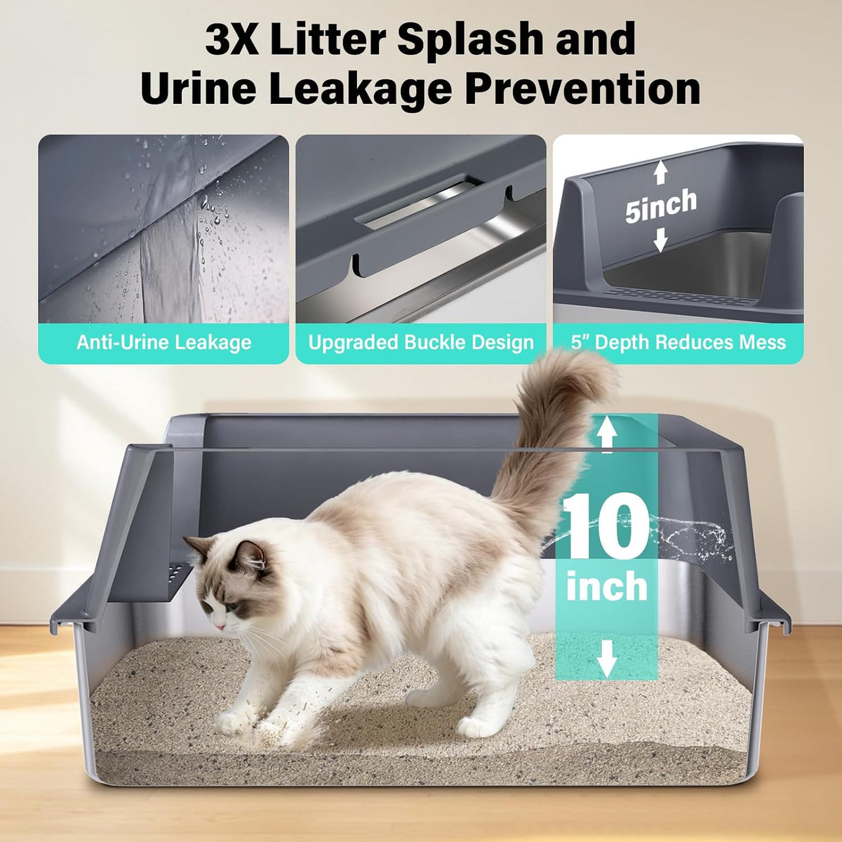 Stainless Steel Litter Box, XL Metal Litter Box with High Sides Lid