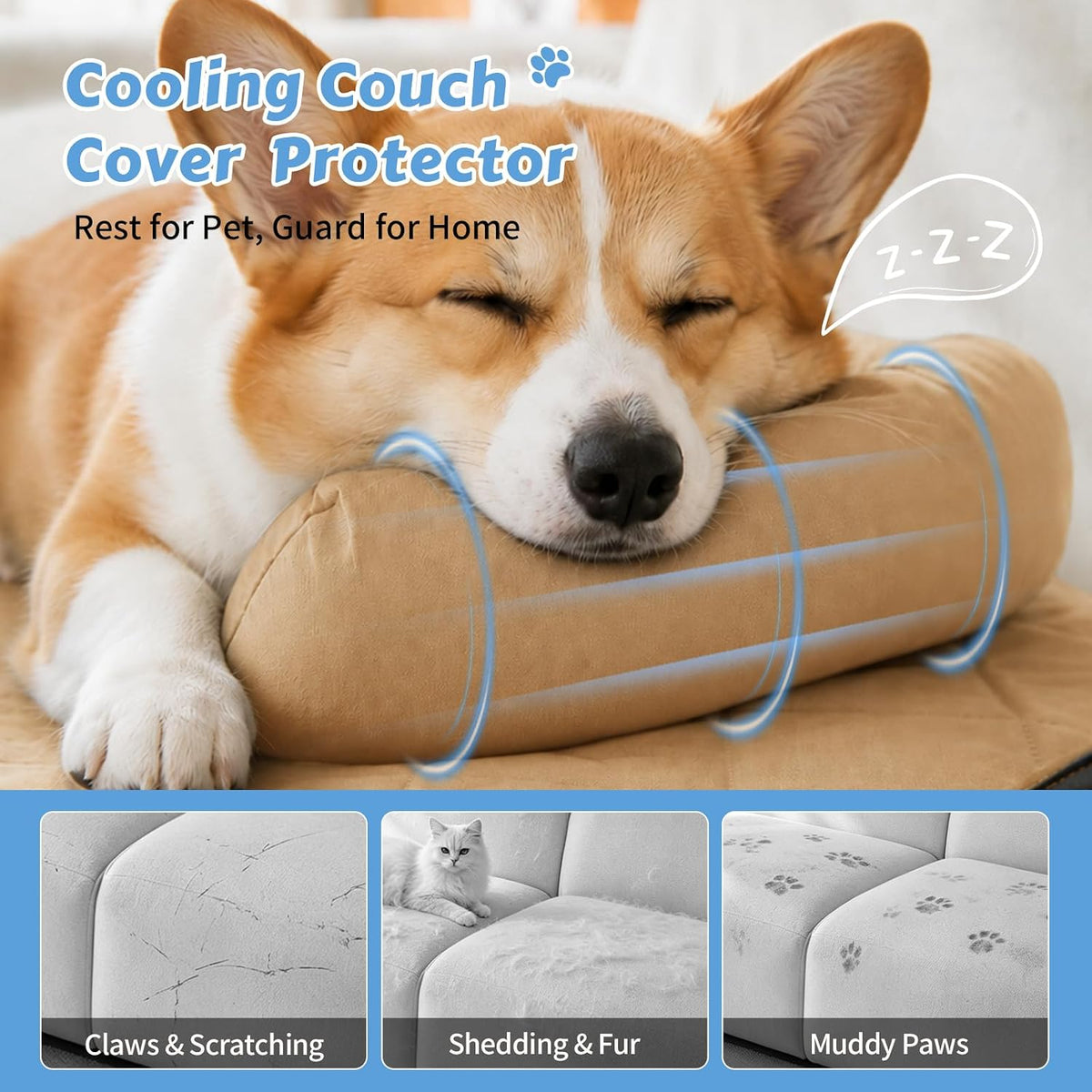 Cooling Dog Bed Mats with Neck & Head Support, 35.43 x31.5 inch Khaki