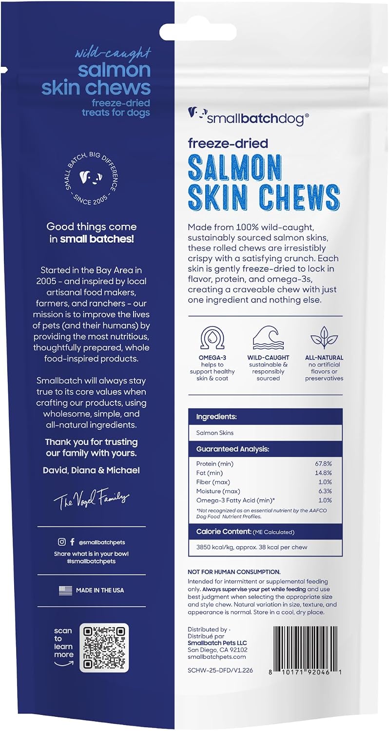 smallbatch Wild-Caught Freeze Dried Salmon Fish Skin Chews for Dogs, 2.5oz