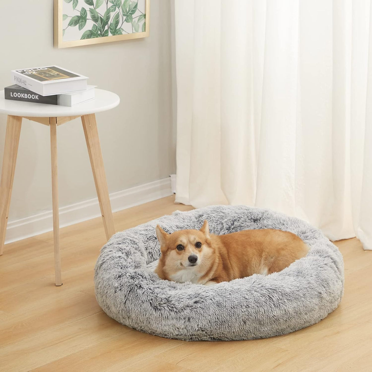 Bedfolks Calming Fluffy Donut Dog Bed for Medium Dogs,Dark Grey, 30" Round
