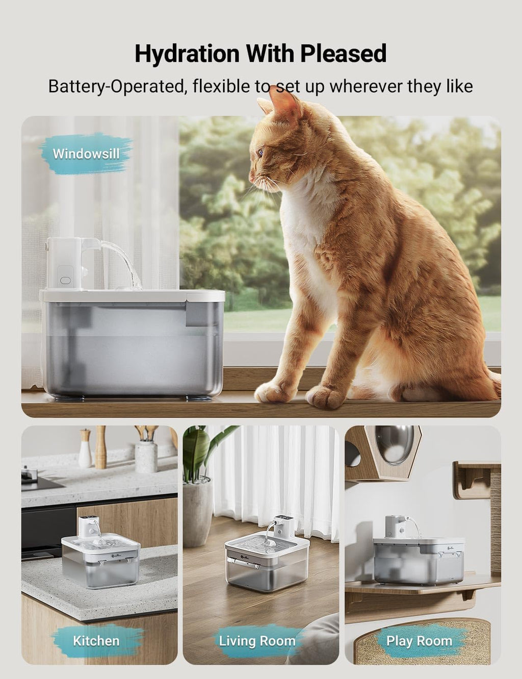 DownyPaws Cat Water Fountain Cordless, Pet Fountain, 84oz/2.5L, White