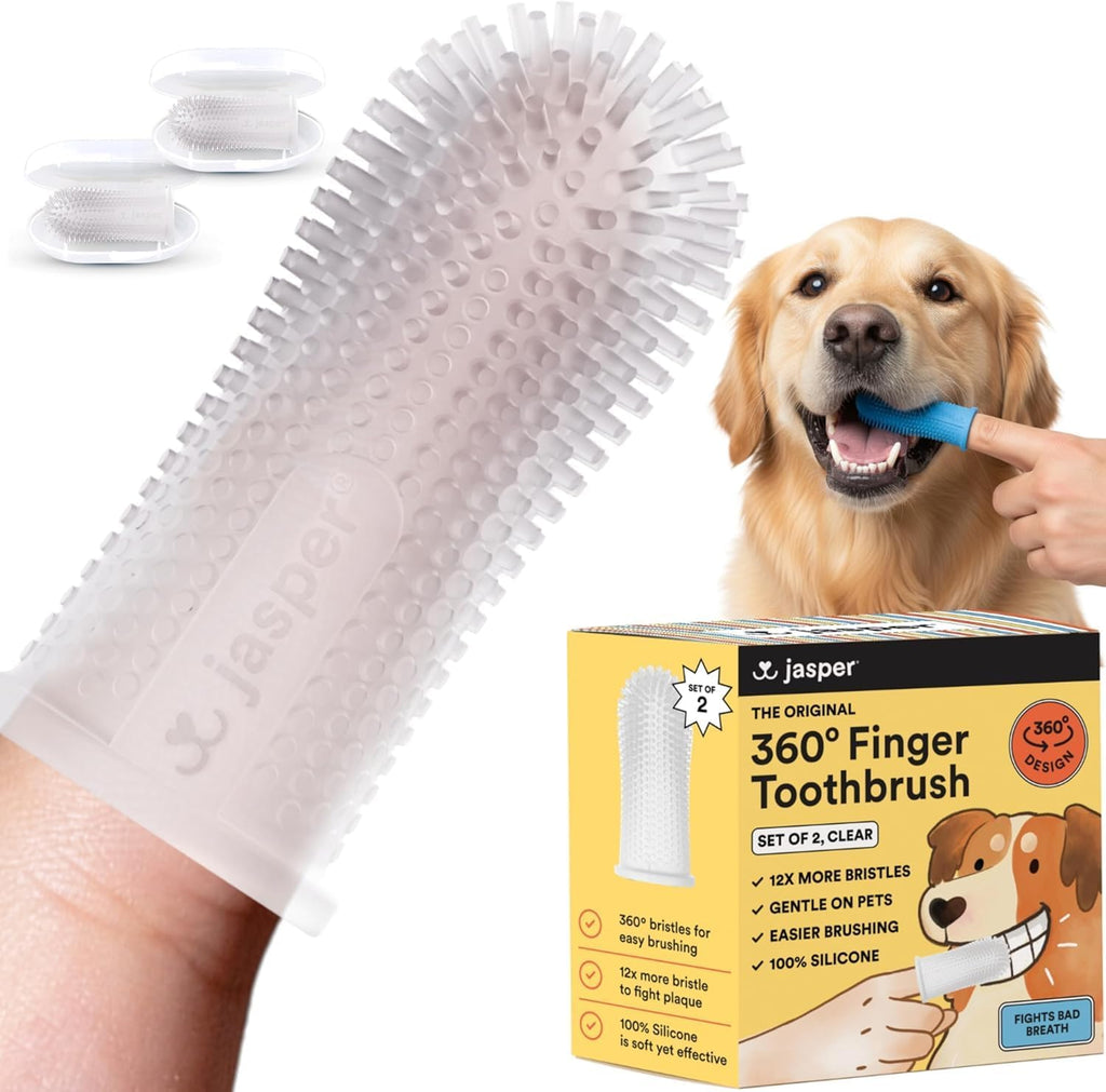 Jasper Dog Toothbrush, 360° Finger Toothbrush for Dogs & Cats, Clear 2-Pack | 12x More Bristles, Teeth Cleaning Kit for Small & Large Pets, Toothpaste Not Included, Fights Bad Breath, Extra Soft Silicone 