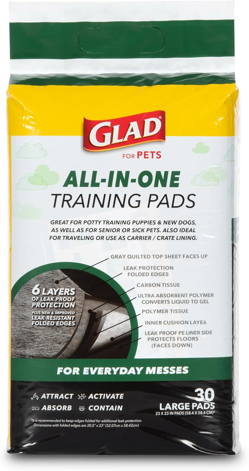 Glad for Pets Activated Carbon Disposable Dog Training Pads, 30 Count, 6-Pk | Activated carbon core, ultra-absorbent, puppies senior dogs and post-surgery recovery, floor and crate protection, 23 x 23 in