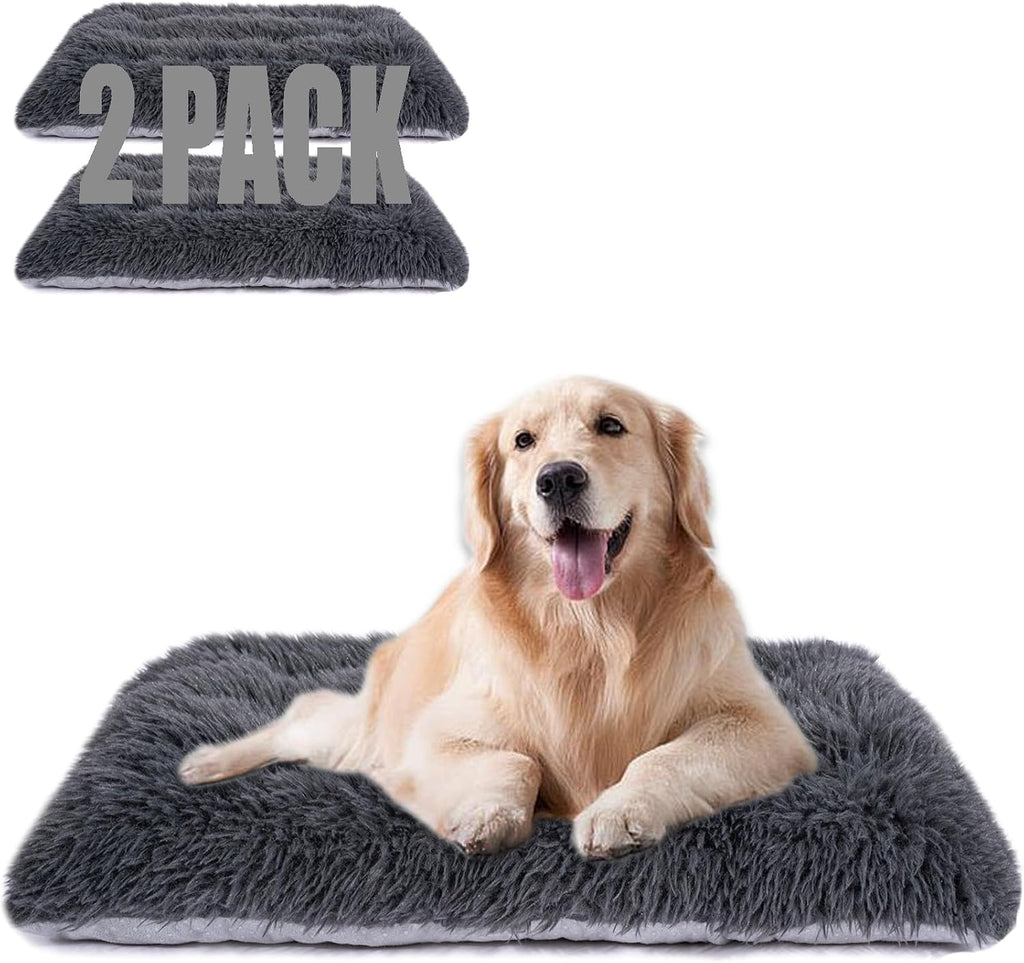Machine Washable Dog Bed, Deluxe Plush Dog Crate Pad and Cat Bed, Anti-Slip Bottom Kennel Pad Mat, Fuzzy Pet Beds for Large, Medium, Small Dogs Breeds (Dark Grey, 24.0"L x 18.0"W x 3.0"Th x 2 PACK)