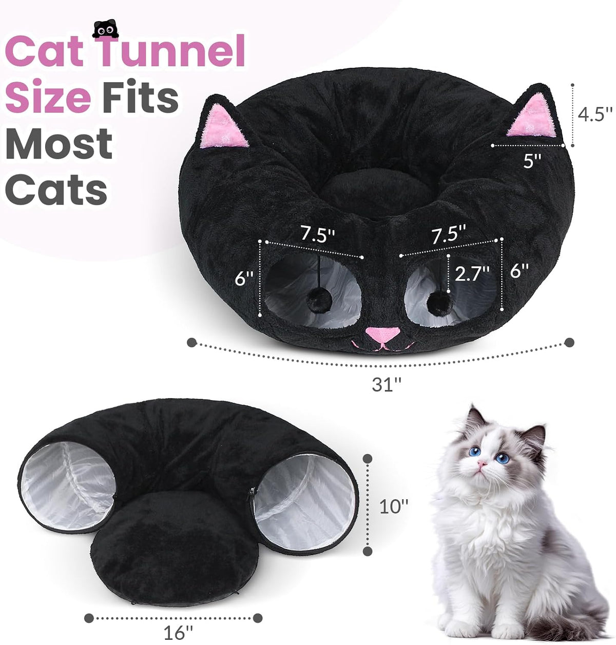 Baseola Fuzzy Cat Tunnel Bed for Indoor Cats, 2-in-1 Interactive Cat Toys